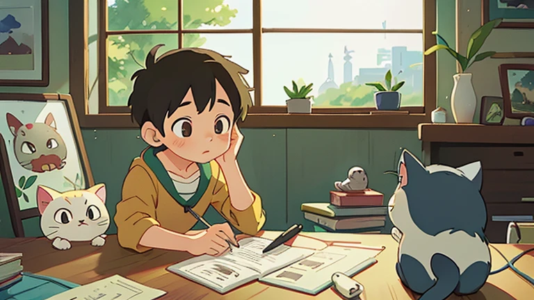 ((better quality)), ((アニメ)), a boy studying, creativity, earbuds, cats, ((Studio Ghibli)), Files
