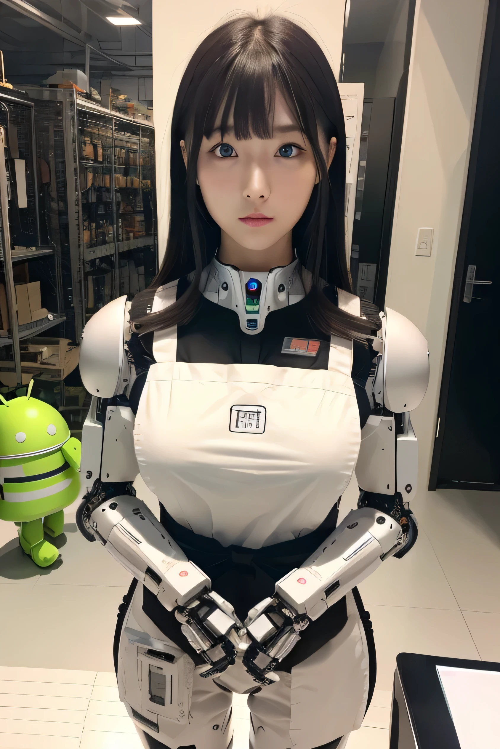 masterpiece, best quality, extremely detailed, Japaese android girl,Plump , hug,control panels,android,Droid,Mechanical Hand, Robot arms and legs, Black hair,Blunt bangs,perfect robot girl,long tube,thick cable connected her neck,android,robot,humanoid,apron,cyborg,japanese cyborg girl ,robot-assembly plant,She is assembled now,assembly scene,chest monitor,blue eyes