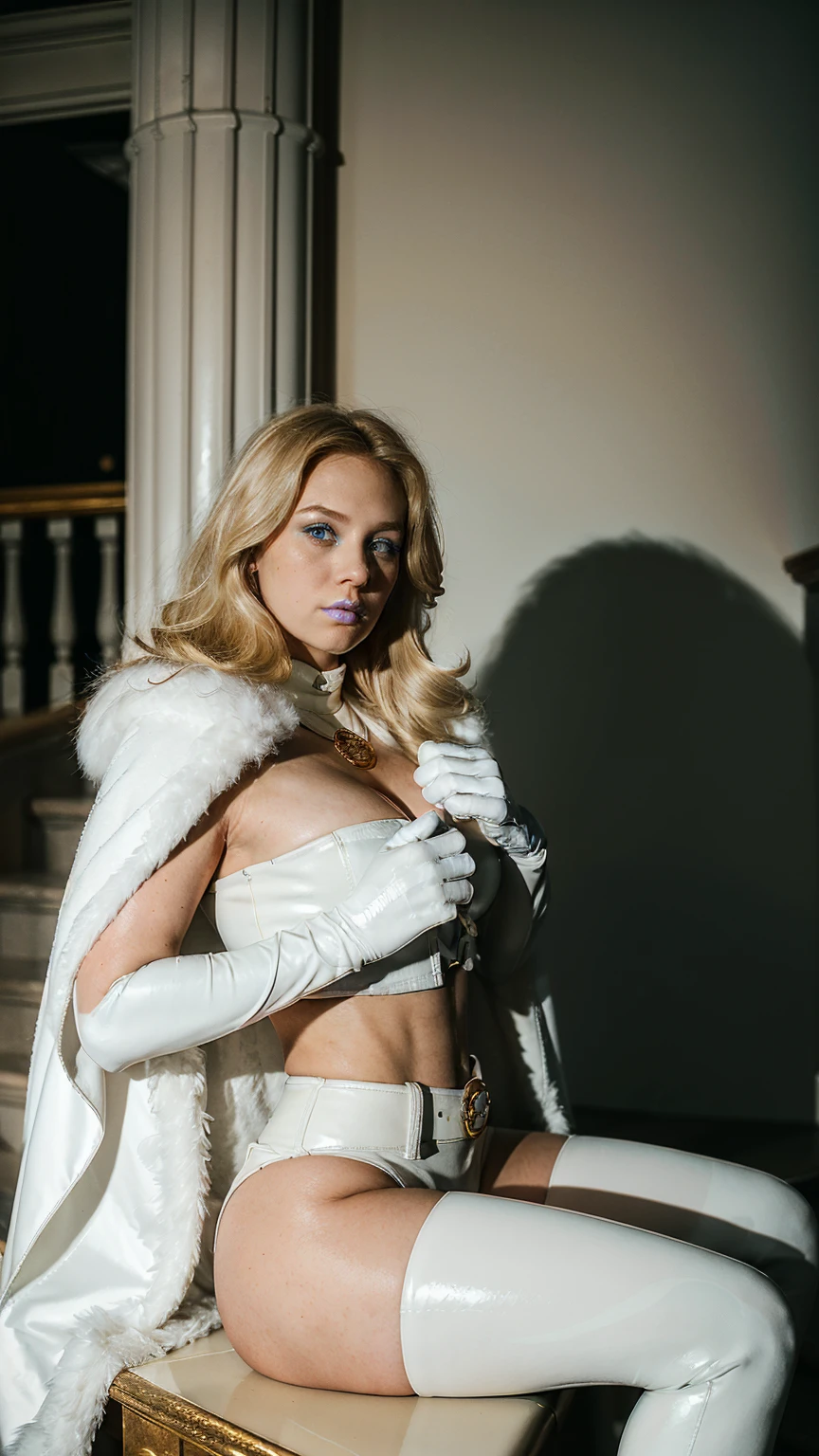 (masterpiece), (frostedstyle), (solo character), (photorealistic:1.4), (daylight), (j4nu4ryj0n3s elbow gloves) , (blue (j4nu4ryj0n3s lips), (best quality), (epiCRealLife), (lora:epiCFlashPhoto), (Emma_Frost costume), (latex midriff), (corset), (Emma_Frost white elbow gloves), (frost1_2- elbow gloves), (elbow gloves cover two hands), (thigh highs), (cape),(Emma Frost x belt), (Emma Frost Hairstyle), (young woman), (hot pants), (film photography), (film lighting), (Emma Frost), shirt dress, (fur cloak), (giant gold chain necklace), (Blonde hair),, (Emma Frost blue lipstick), , (castle outdoor), , (thighigh), (spotlight), (flash photography), (flashphoto), (grand stairs), (demure), ),(pose for picture), (different poses), (sit on grand stairs) (From side)
