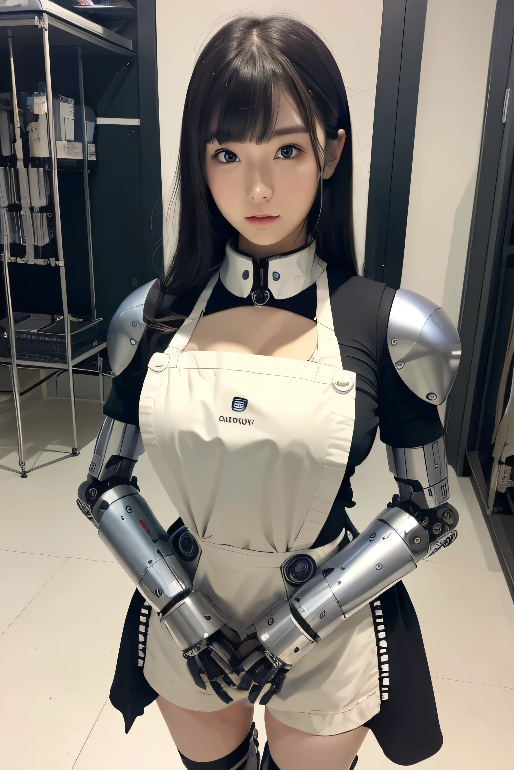 masterpiece, best quality, extremely detailed, Japaese android girl,Plump , hug,control panels,android,Droid,Mechanical Hand, Robot arms and legs, Black hair,Blunt bangs,perfect robot girl,long tube,thick cable connected her neck,android,robot,humanoid,apron,cyborg,japanese cyborg girl ,robot-assembly plant,She is assembled now,assembly scene,chest monitor,blue eyes