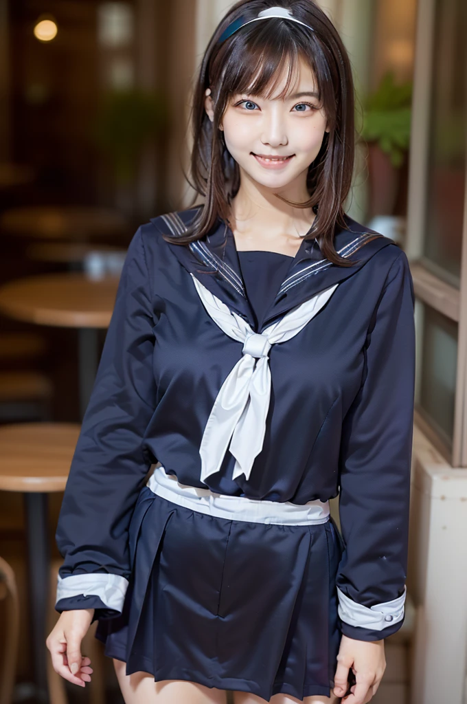 Sailor suit, One Woman, (Beautiful woman, delicate :1.3), Black Hair, Bobcut, bangs,8K), (Highest quality: 1.2), (Realistic), (Realistic: 1.37), (masterpiece), (Ultra-high resolution), (RAW Photos), (Absolute Resolution), (((体に比べてSmall face: 1.4))), (((Small face:1.4))), Balanced facial features, (Small Mouth: 1.4), ((Slim female body: 1.4)), Black Hair, (((long sleeve Sailor suit))), Realistic女子高生, (((White headband))), Small breasts, Slanted Eyes, Bright Blue Eyes, (Cafe on the open terrace), Open your mouth, smile, Blurred, ((Full Body Shot)), Short skirt