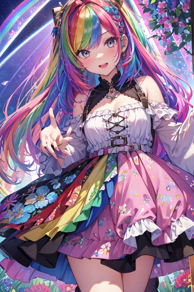 (In 8K, Highest quality, Pieces fly:1.2)、Ultra-high resolution,1 Female, 16 years old、Highly detailed face,Fine grain,Open your mouth,Laughter,((Rainbow Hair)),Asymmetrical bangs,Twin Blade,break,((Floral Dress)),Frilled Skirt,break,(Rainbow light:1.4),botanical garden