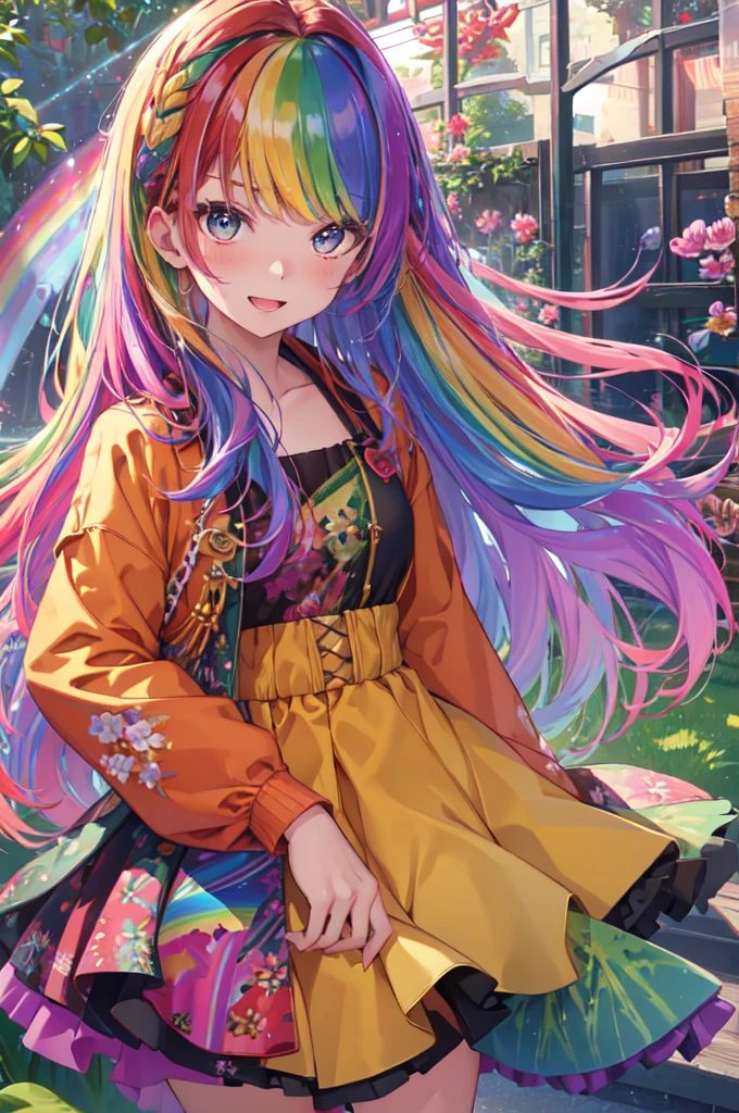 （In 8K, Highest quality, Pieces fly:1.2)、Ultra-high resolution,1 Female, 16 years old、Highly detailed face,Fine grain,Open your mouth,Laughter,((Rainbow Hair)),Asymmetrical bangs,Twin Blade,break,((Floral Dress)),Frilled Skirt,break,(Rainbow light:1.4),botanical garden