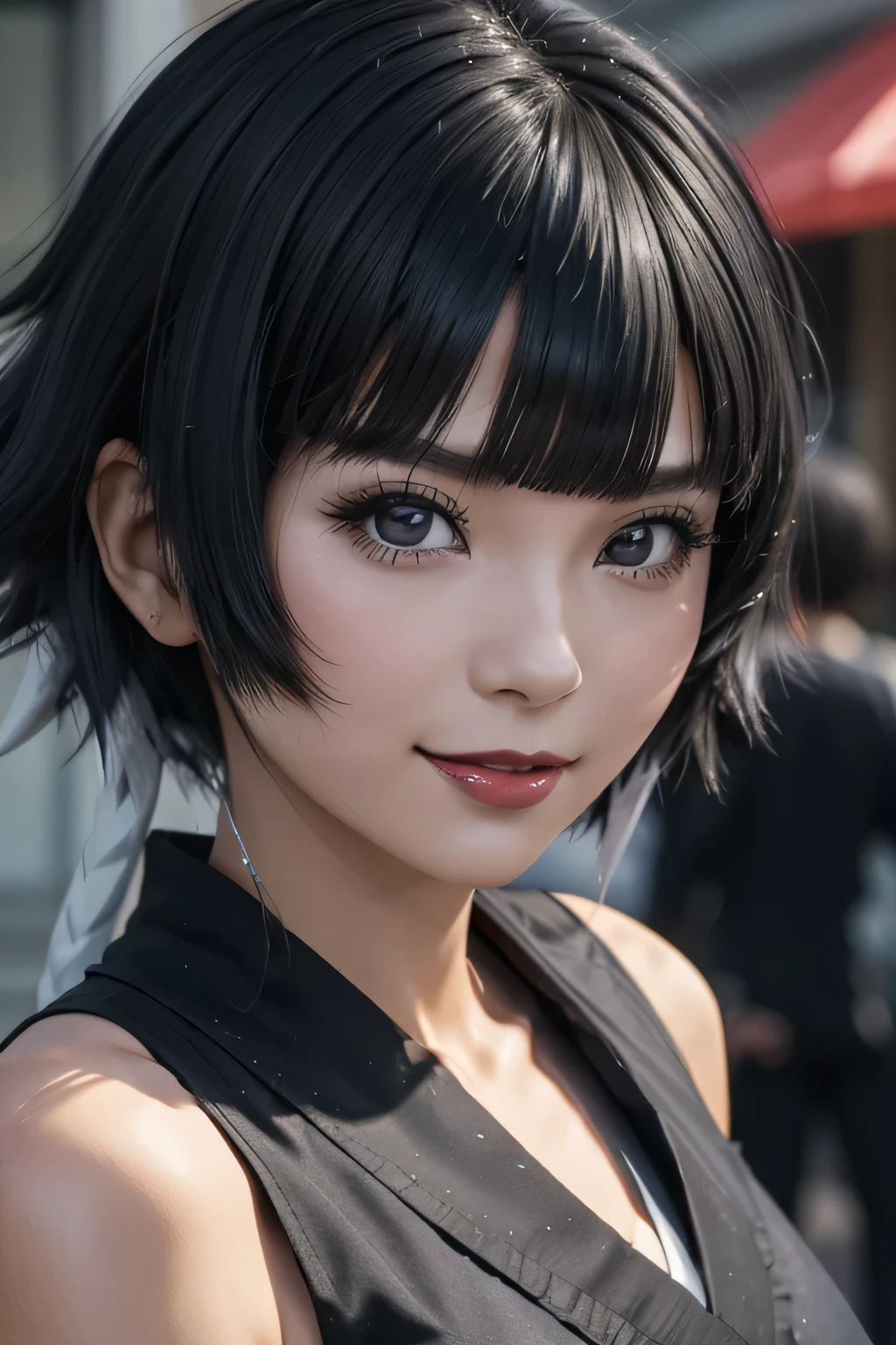 sfw, a close up of a person with short hair and a black kimono, soifon, soifon from anime bleach, as an anime character, perfect anime face, she has black hair with bangs, female anime character, anime character, anime best girl, hime cut hairstyle, black hair, (red glossy lips:1.3), blue eyes, smile, realistic, ultra detail, city background, (beautiful face:1.3), wearing bra,((skinny waist)), young asian girl, ((big breasted)),