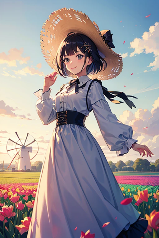 Highest quality、Black Hair、Iris、short hair、girl、cute、、、Small hair ornament、1 person、Spring Clothes、one piece、Long skirt、Big hat、clear、In the background are tulip fields and a large windmill、holding a hat、The wind is blowing and my skirt is flipping up、smile、Look this way、Panty shot