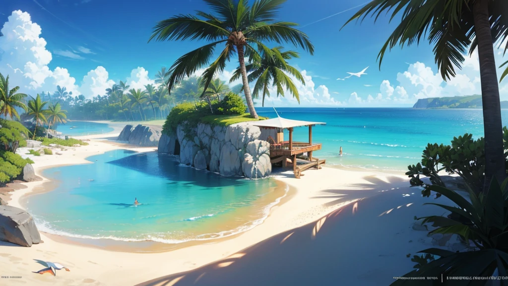 a beautiful beach scene, an overhead view of a tropical paradise, white sand, crystal clear turquoise water, palm trees swaying in the breeze, rocky cliffs, a wooden pier extending into the ocean, colorful beach umbrellas, people relaxing on the sand, sailboats in the distance, seagulls flying overhead, detailed foliage, cinematic lighting, vibrant colors, photorealistic, 8k, masterpiece
