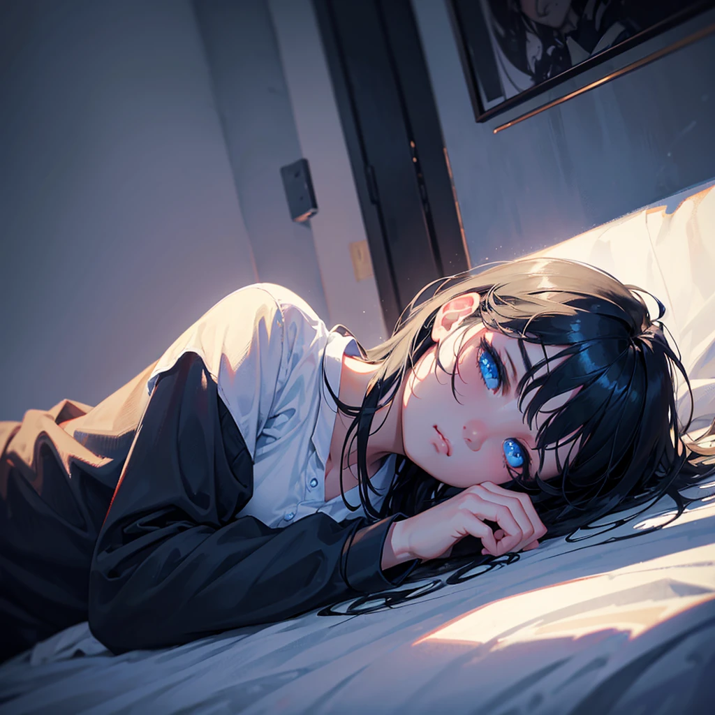 Masterpiece, sad girl, black hair, blue eyes, laying on back, dark room, black pyjama