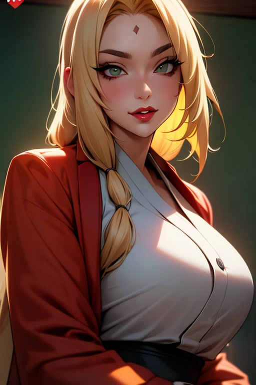 Tsunade，is shy，one-girl，blond hairbl，long whitr hair，with brown eye，Red lips，lipsticks，pub，ssmile，Be red in the face，Green coat，Close-up，drink，Piva，sitted，Portrait photo，sfw