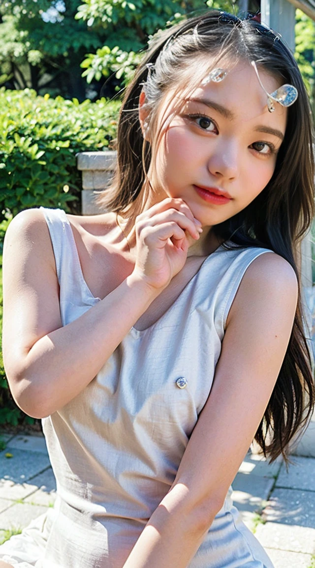 (Small Tits), (18-year-old), (very small head), dawn, sunlight, (Perfect body:1.1), (8K), (Very delicate and beautiful), (Highest quality:1.0), (Realistic), Realistic Shadows, (High resolution:1.0), Detailed skin, Very detailed, the body is slim, (Beautiful Hair, Real Hair, Thinning hair), blush, Realistic, Realistic Face, Realistic eyes, Small eyes, smile, (eyeliner), (mascara), (eye shadow), whole body、Open leg pose、Nipples、naked、Thick pubic hair、brand、ponytail