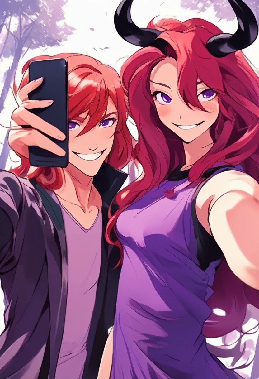 Draw a drawing of a boy with long crimson red hair and 2 small black horns on his head and wearing a purple dress taking a selfie smiling and a muscular girl behind him who appears in the selfie (anime style drawing)