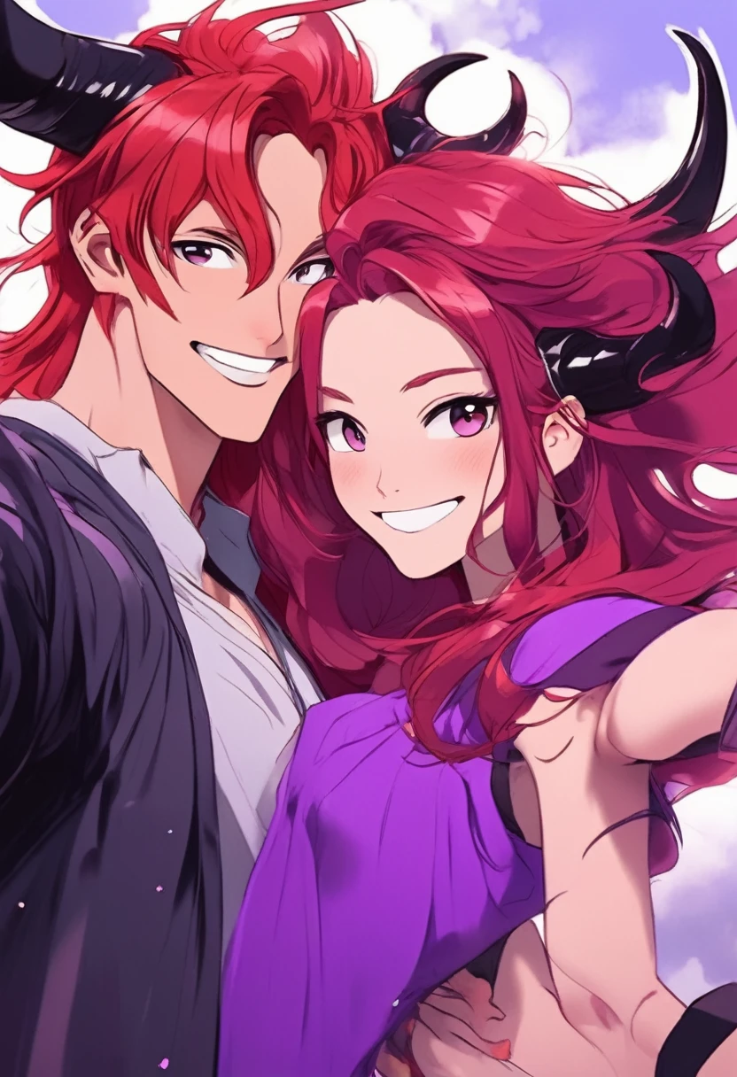 Draw a drawing of a boy with long crimson red hair and 2 small black horns on his head and wearing a purple dress taking a selfie smiling and a muscular girl behind him who appears in the selfie (anime style drawing)