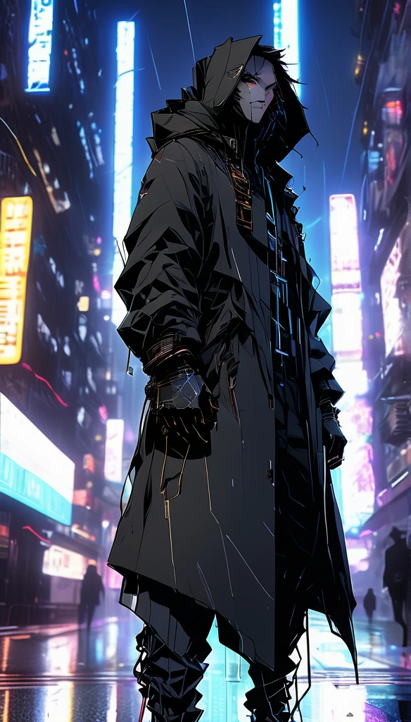 wide and far shot, ((a man in a black hooded trench coat, return to camera:1.5)), standing on rainy street, looking at a futuristic city at night, a dark cityscape with neon lights (Best Quality, 4k, 8k , high resolution, Masterpiece: 1.2), ultra detailed (realist, photorealist, photorealist: 1.37), cinematic lighting, dramatic shadows, moody atmosphere, intricate details, Bright city lights, advanced technology, Retro-futuristic architecture, dynamic pose, hood that casts shadows on the face, intense look