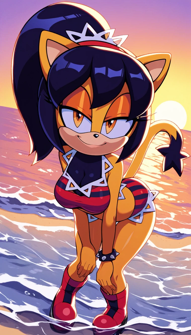 score_9, score_8_up, 2D, beach, sunset, looking at viewer, 1girl, very detailed, extremely detailed, honey the cat from the sonic the hedgehog series, full body, frilly hair ties, half-closed eyes, smug smile, {(red bikini), (striped bikini bra), (striped bikini panties), hips, thighs, medium breasts, paw feet