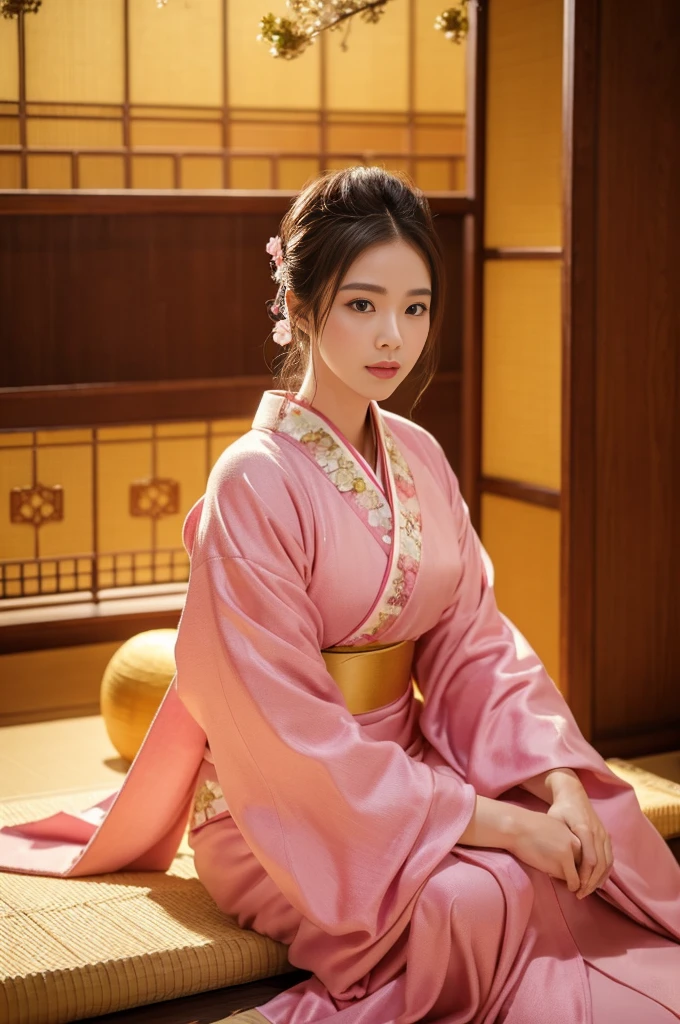 masterpiece, Highest quality,大きい胸、pink kimono、Cinematic atmosphere、Professional composition、Natural Body、fantasy,sitting in front of a golden screen、flower arrangement、tatami、looking at the camera、real