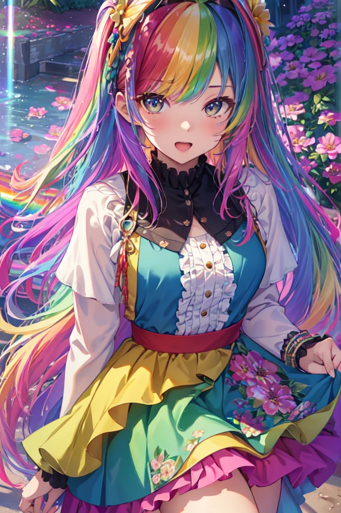 (In 8K, Highest quality, Pieces fly:1.2)、Ultra-high resolution,1 Female, 16 years old、Highly detailed face,Fine grain,Open your mouth,Laughter,((Rainbow Hair)),Asymmetrical bangs,Twin Blade,break,((Floral Dress)),Frilled Skirt,break,(Rainbow light:1.4),botanical garden