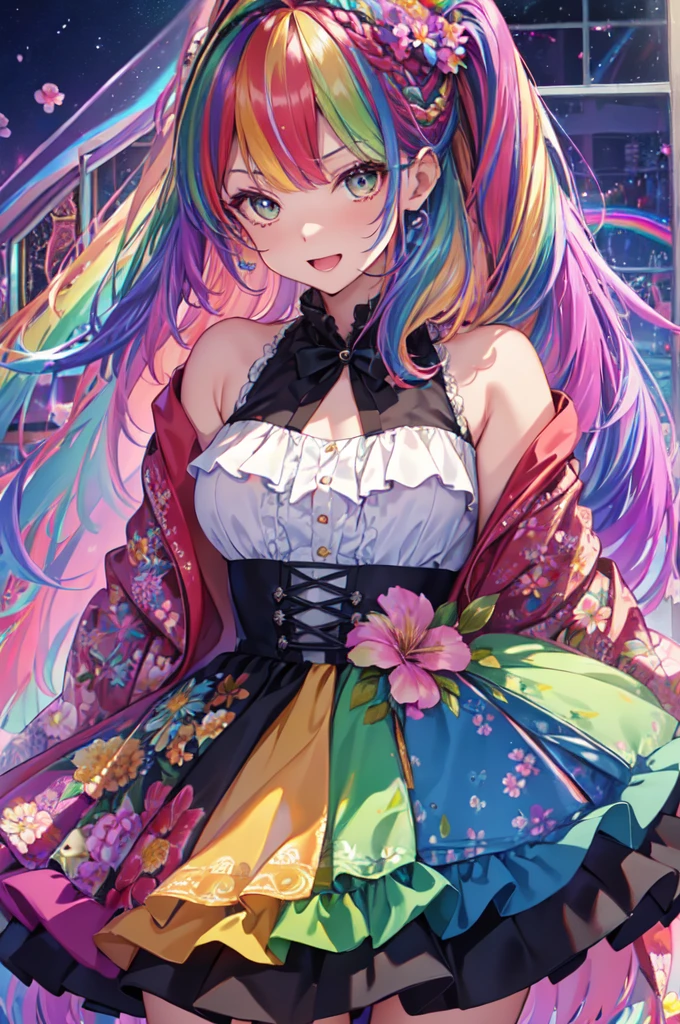 (In 8K, Highest quality, Pieces fly:1.2)、Ultra-high resolution,1 Female, 、Highly detailed face,Fine grain,Open your mouth,Laughter,((Rainbow Hair)),Asymmetrical bangs,Twin Blade,break,((Floral Dress)),Frilled Skirt,break,(Rainbow light:1.4),botanical garden