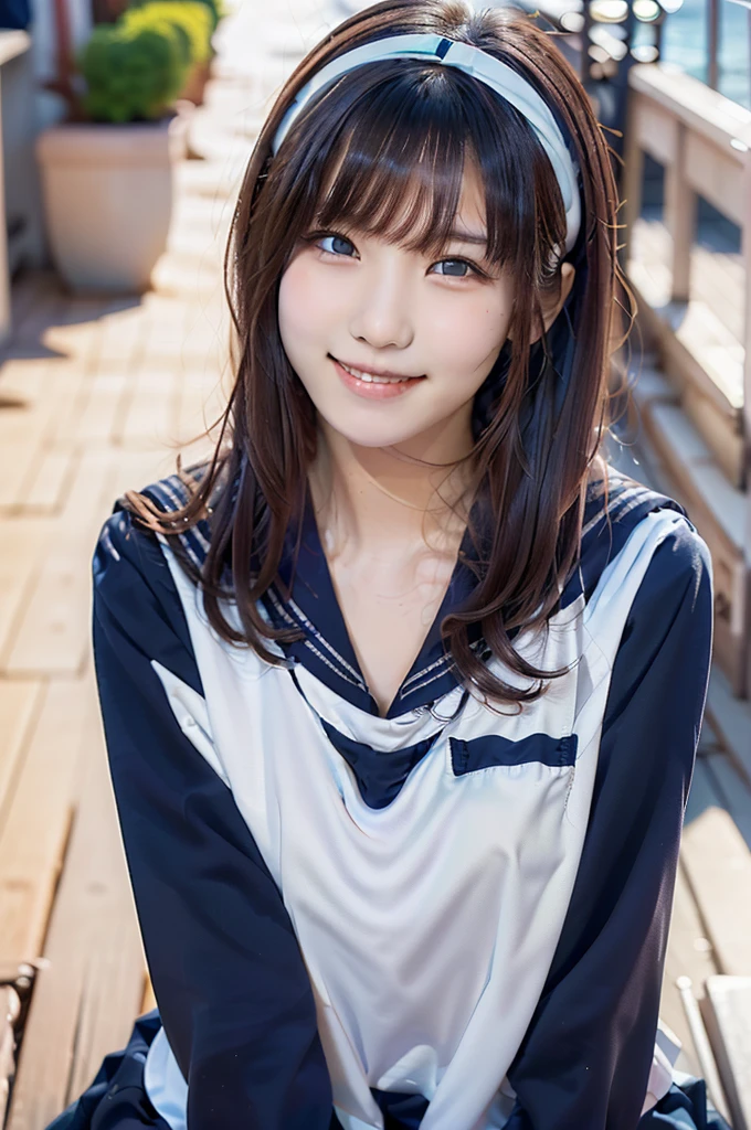 Sailor suit, One Woman, (Beautiful woman, delicate :1.3), Black Hair, Bobcut, bangs,8K), (Highest quality: 1.2), (Realistic), (Realistic: 1.37), (masterpiece), (Ultra-high resolution), (RAW Photos), (Absolute Resolution), (((体に比べてSmall face: 1.4))), (((Small face:１.4))), Balanced facial features, (Small Mouth: 1.4), ((Slim female body: 1.4)), Black Hair, (((long sleeve Sailor suit))), Realistic女子高生, (((White headband))), Small breasts, Slanted Eyes, Bright Blue Eyes, (Cafe on the open terrace), Open your mouth, smile, Blurred, ((Full Body Shot)), Short skirt