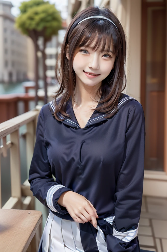 Sailor suit, One Woman, (Beautiful woman, delicate :1.3), Black Hair, Bobcut, bangs,8K), (Highest quality: 1.2), (Realistic), (Realistic: 1.37), (masterpiece), (Ultra-high resolution), (RAW Photos), (Absolute Resolution), (((体に比べてSmall face: 1.4))), (((Small face:１.4))), Balanced facial features, (Small Mouth: 1.4), ((Slim female body: 1.4)), Black Hair, (((long sleeve Sailor suit))), Realistic女子高生, (((White headband))), Small breasts, Slanted Eyes, Bright Blue Eyes, (Cafe on the open terrace), Open your mouth, smile, Blurred, ((Full Body Shot)), Short skirt