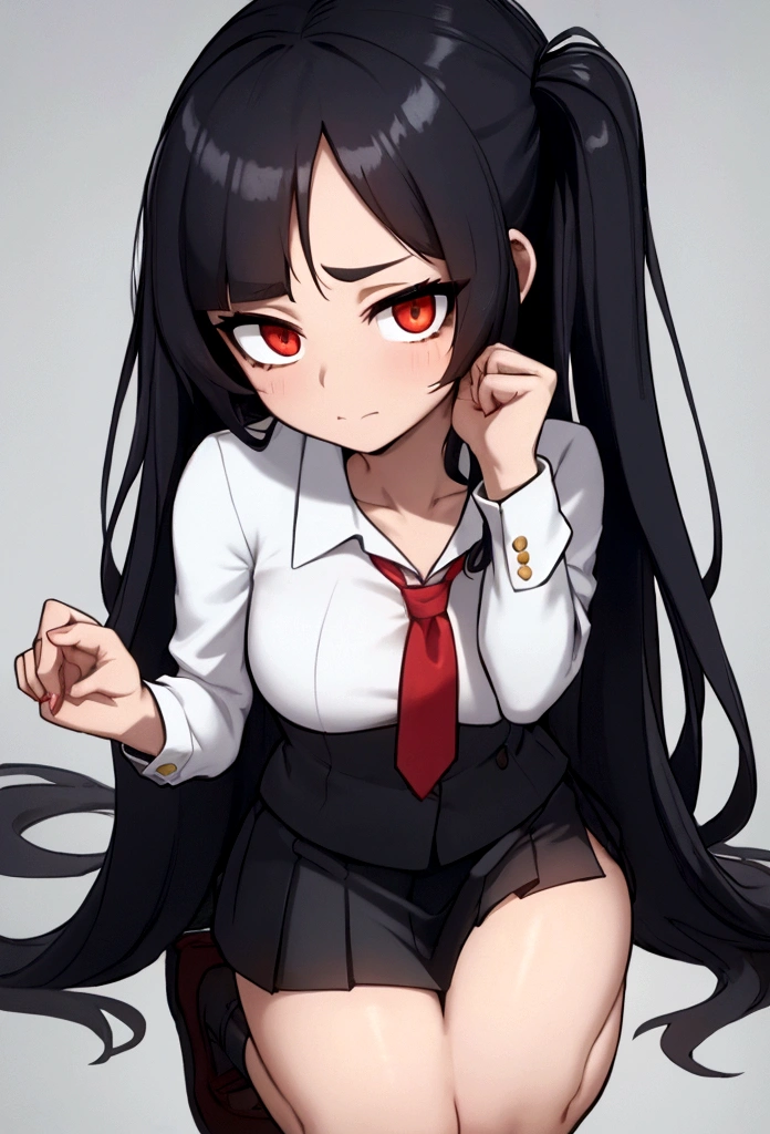 Close-cropped bangs, long sideburns, long straight black hair, female student, navy blazer, white shirt, red ribbon tie, checked miniskirt, Raise foot high , high-kick, shout