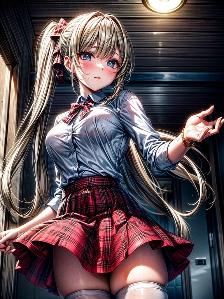 1girl,masterpiece,best quality,blonde hair,(ponytails),blue eyes,(white stockings),(red plaid skirt),short skirt,standing,in full length,medium breasts,(white t shirt),in front of streets,extremely detailed,[[realistic]],beautiful alluring anime teen,seductive anime girl,waving skirt