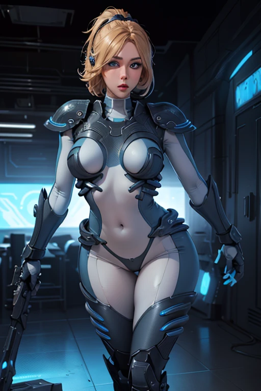 masterpiece, 8k, high quality of (Beautiful) (starcraft_nova), (Star Craft), (detailed face), maximum details, (diffuse lighting), (cinematic:1.2), (ISO 100:1), (sexy), (standing), (war field), (gigantic chest), (very tight suit) (blue eyes) (chest armor) (greaves)