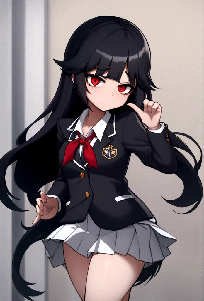 Close-cropped bangs, long sideburns, long straight black hair, female student, navy blazer, white shirt, red ribbon tie, checked miniskirt, Raise foot high , high-kick, shout