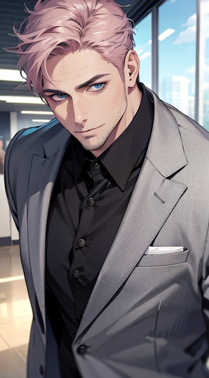 (best quality,4k,8k,highres,masterpiece:1.2),ultra-detailed,(realistic,photorealistic,photo-realistic:1.37),1 man,31 years old,mature man,very handsome,without expression,smile,short grey pink hair,blue eyes,penetrating gaze,perfect face without errors,imposing posture,businessman,office background,cinematic lighting,hdr image