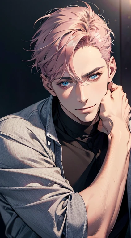(best quality,4k,8k,highres,masterpiece:1.2),ultra-detailed,(realistic,photorealistic,photo-realistic:1.37),1 man,31 years old,mature man,very handsome,without expression,smile,short grey pink hair,blue eyes,penetrating gaze,perfect face without errors,imposing posture,businessman,office background,cinematic lighting,hdr image
