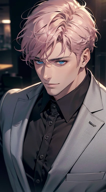 (best quality,4k,8k,highres,masterpiece:1.2),ultra-detailed,(realistic,photorealistic,photo-realistic:1.37),1 man,31 years old,mature man,very handsome,without expression,smile,short grey pink hair,blue eyes,penetrating gaze,perfect face without errors,imposing posture,businessman,office background,cinematic lighting,hdr image