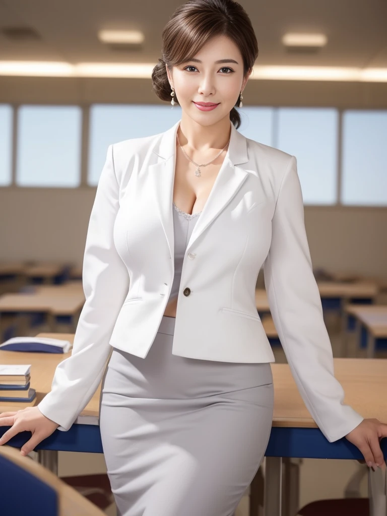 ((masterpiece))、((Highest quality))、picture、Reality、High-level image quality、Advanced Depth of Field、Ultra-detailed、Realistic lighting、Dynamic composition、(Stand at the back of a school classroom:1.3)、Visiting Day、Hair tied back in an updo、(Married women、60s)、Beautiful woman、Mature Mom、Delicate facial features、Realistic Background、Big sexy lips、Sensual smile、Smile shyly、(Huge breasts)、(Saggy breasts:1.2)、(A clean white jacket and grey skirt for the ceremony:1.4)、Breast enlargement、Necklaces and earrings