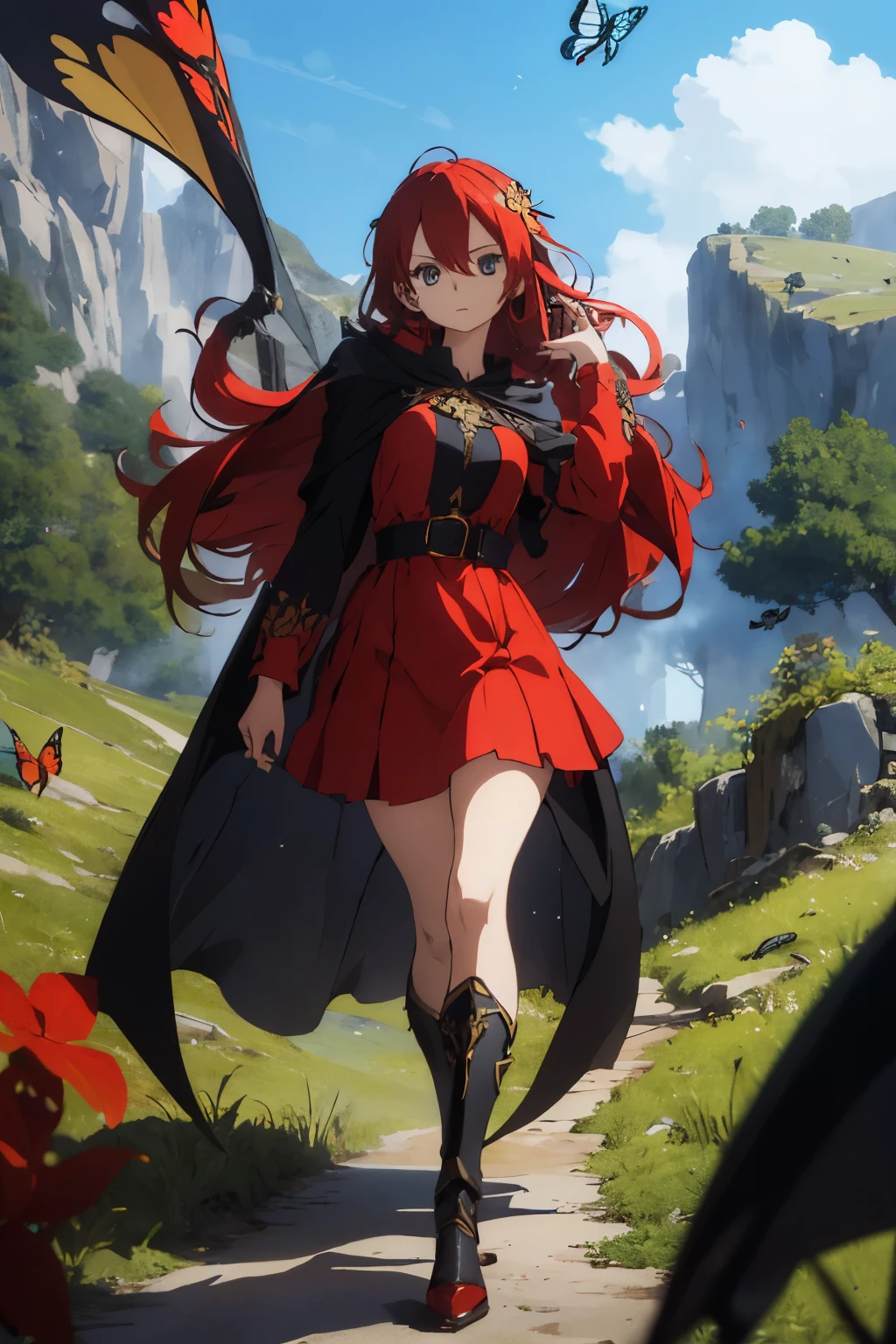 ((best quality)), ((masterpiece)), (detailed), beautiful face, beautiful eyes, very long hair, dress, dress, long sleeves,1girl, beautiful face, solo, mecha right arm, mecha left leg, (cursed_left_arm), very long hair, red hair, red cape, closed mouth, full body, face to the viewer, tattoo, butterfly,((bug)), golden mark on the cape, hold weapon, gun, forest, dragon background