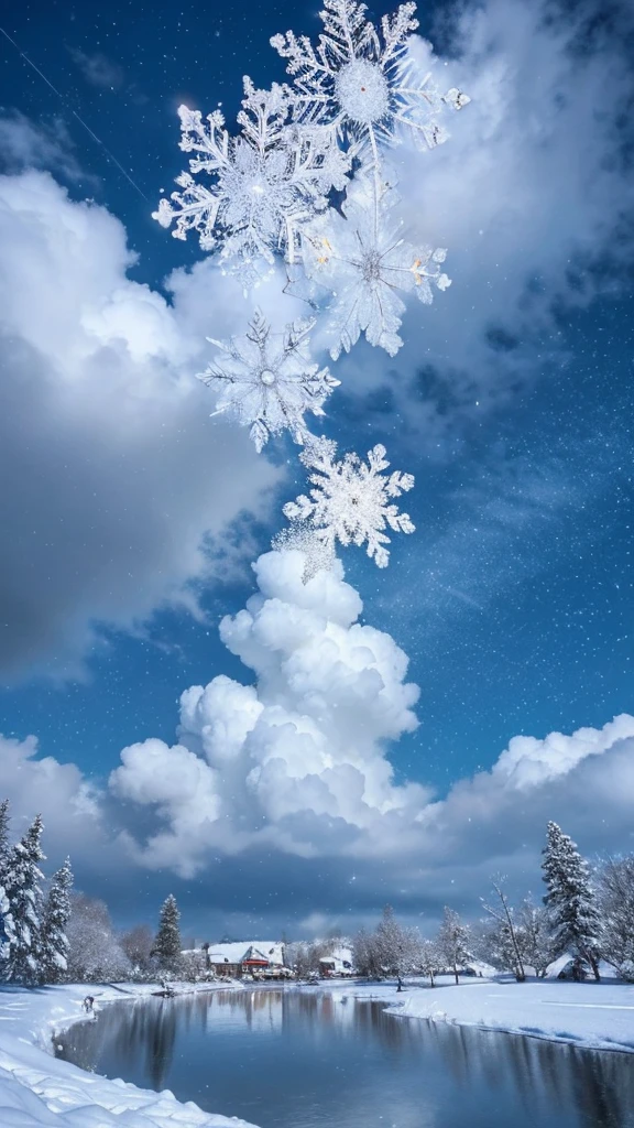 PRİNCESS的脸出现在空中，Winter scenery，Surreal wonderland，Dreamy cloud and fairy island，(big snowflake:1.3)，Colorful big snowflakes are flying，PRİNCESS&#39;The palace is covered with snow，The tree of life blooms with endless vitality，Twinkling stars in the night sky，Overlapping clouds and fog，Whimsical fantasy landscape art, Beautiful Art Ultra HD 8K, 8k highly detailed digital art, Beautiful and detailed fantasy, Epic fantasy landscape, Mysterious and dreamy scenery, Magic fantasy is very detailed, magical scenery, It consists of big snowflake and the dreamy floating fairy island., Detailed fantasy digital art, 8k detailed digital art