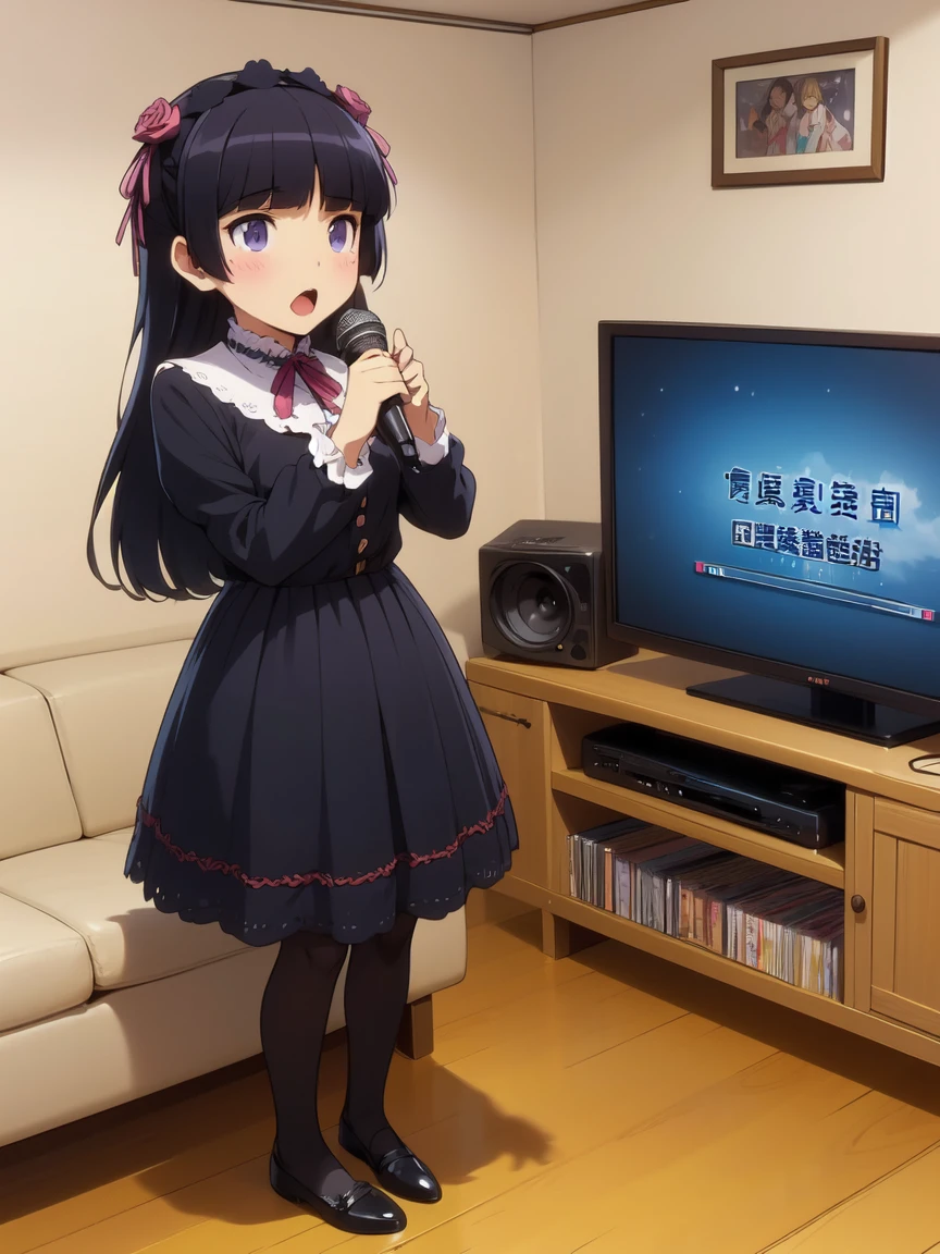 (ruri gokou), (Ultra-high resolution), (masterpiece), (Attention to detail), (high quality), (最high quality) , 1 Girl, alone, Hime cut, Gothic Lolita, Lolita Fashion, head band,, ((karaoke machine wired)), (2girl), singing, holding a mic, subtitle on TV, manga bookcase, sofa, carpet, posters, curtain, wooden floor, barefoot,