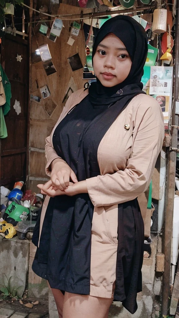 A woman indonesian, beautiful face, cute face, ligt hijab, nude, big breast, curvy body, full body, Chubby thighs, standing.