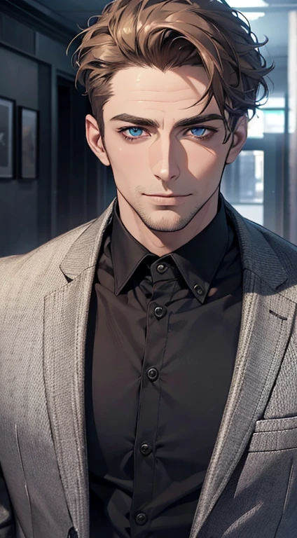 (best quality,4k,8k,highres,masterpiece:1.2),ultra-detailed,(realistic,photorealistic,photo-realistic:1.37),1 man,31 years old,mature man,very handsome,without expression,smile,short grey brown hair,blue eyes,penetrating gaze,perfect face without errors,imposing posture,businessman,office background,cinematic lighting,hdr image