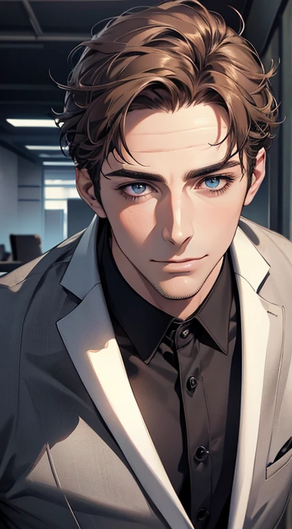 (best quality,4k,8k,highres,masterpiece:1.2),ultra-detailed,(realistic,photorealistic,photo-realistic:1.37),1 man,31 years old,mature man,very handsome,without expression,smile,short grey brown hair,blue eyes,penetrating gaze,perfect face without errors,imposing posture,businessman,office background,cinematic lighting,hdr image