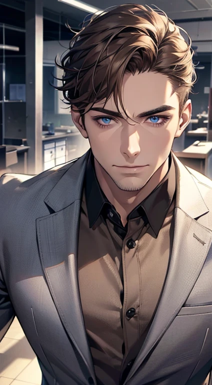 (best quality,4k,8k,highres,masterpiece:1.2),ultra-detailed,(realistic,photorealistic,photo-realistic:1.37),1 man,31 years old,mature man,very handsome,without expression,smile,short grey brown hair,blue eyes,penetrating gaze,perfect face without errors,imposing posture,businessman,office background,cinematic lighting,hdr image