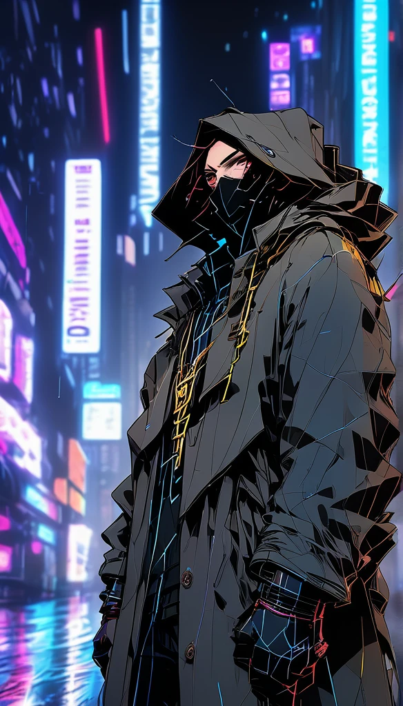 wide and far shot, ((a man in a black hooded trench coat, return to camera:1.5)), standing on rainy street, looking at a futuristic city at night, a dark cityscape with neon lights (Best Quality, 4k, 8k , high resolution, Masterpiece: 1.2), ultra detailed (realist, photorealist, photorealist: 1.37), cinematic lighting, dramatic shadows, moody atmosphere, intricate details, Bright city lights, advanced technology, Retro-futuristic architecture, dynamic pose, hood that casts shadows on the face, intense look