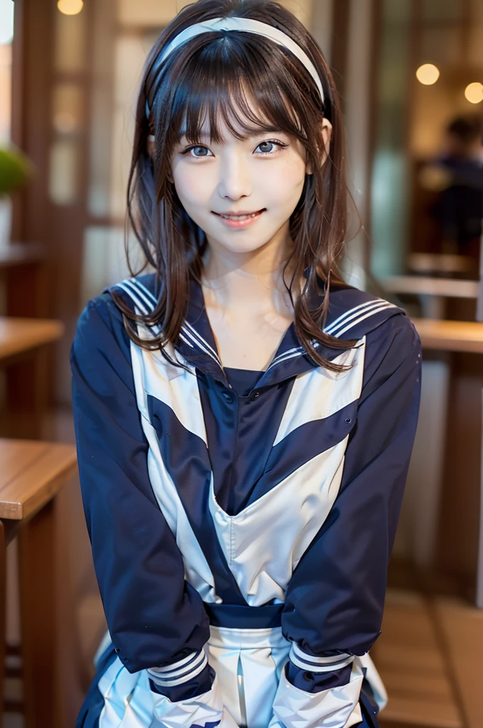 Sailor suit, One Woman, (Beautiful woman, delicate :1.3), Black Hair, Bobcut, bangs,8K), (Highest quality: 1.2), (Realistic), (Realistic: 1.37), (masterpiece), (Ultra-high resolution), (RAW Photos), (Absolute Resolution), (((体に比べてSmall face: 1.4))), (((Small face:1.4))), Balanced facial features, (Small Mouth: 1.4), ((Slim female body: 1.4)), Black Hair, (((long sleeve Sailor suit))), Realistic女子高生, (((White headband))), Small breasts, Slanted Eyes, Bright Blue Eyes, (Cafe on the open terrace), Open your mouth, smile, Blurred, ((Full Body Shot)), Short skirt