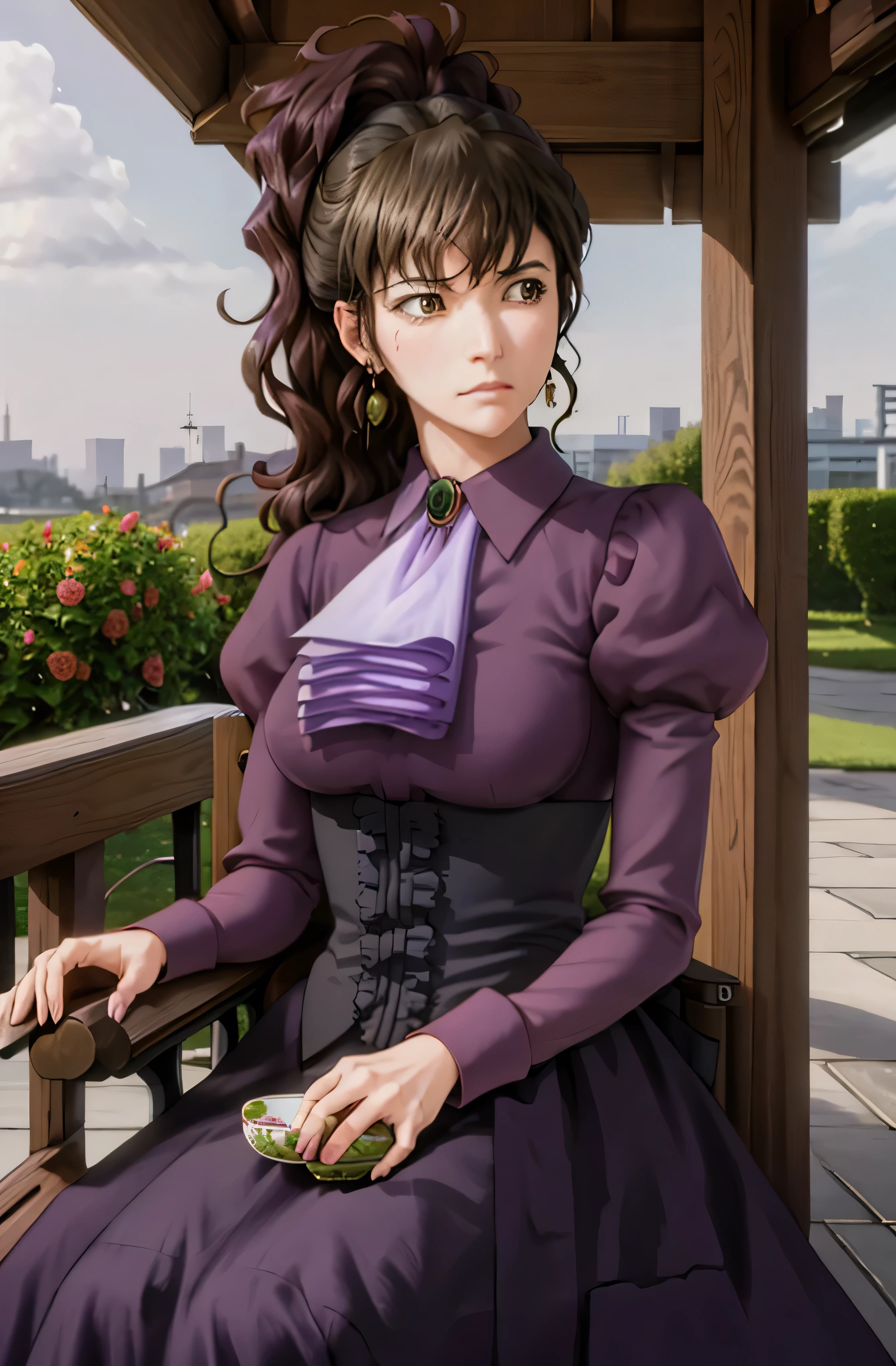 ushiromiya natsuhi, 1girl, violet dress, long dress, side ponytail, earrings, purple shirt, ascot, brooch, corset, seen from afar, serious face, sitting on a bench inside a gazebo, looking at viewer, garden full of roses around, holding a cup of tea, masterpiece, best quality, realistic, hdr