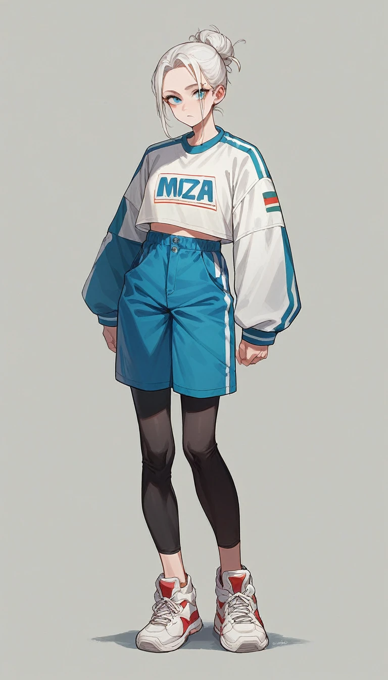 Female teenager with white hair up blue eyes and white skin wearing MEXICO NBA uniform full body