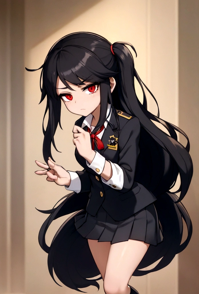 Close-cropped bangs, long sideburns, long straight black hair, female student, navy blazer, white shirt, red ribbon tie, checked miniskirt, Raise foot high , high-kick, shout
