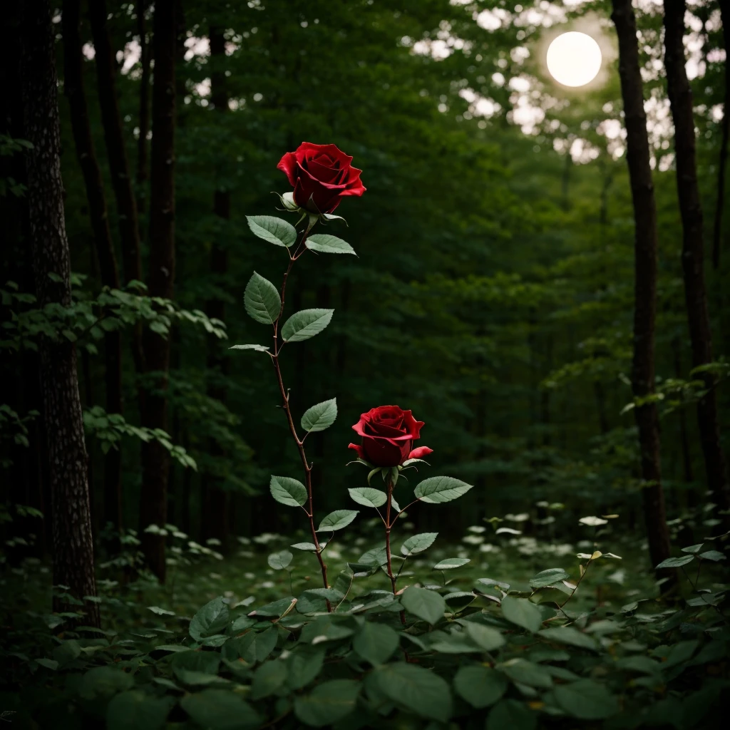 A solitary red rose in a forest at night with the full moon and starry sky and an illuminated white butterfly landing on the red rose. A single rose and around the green grass. 