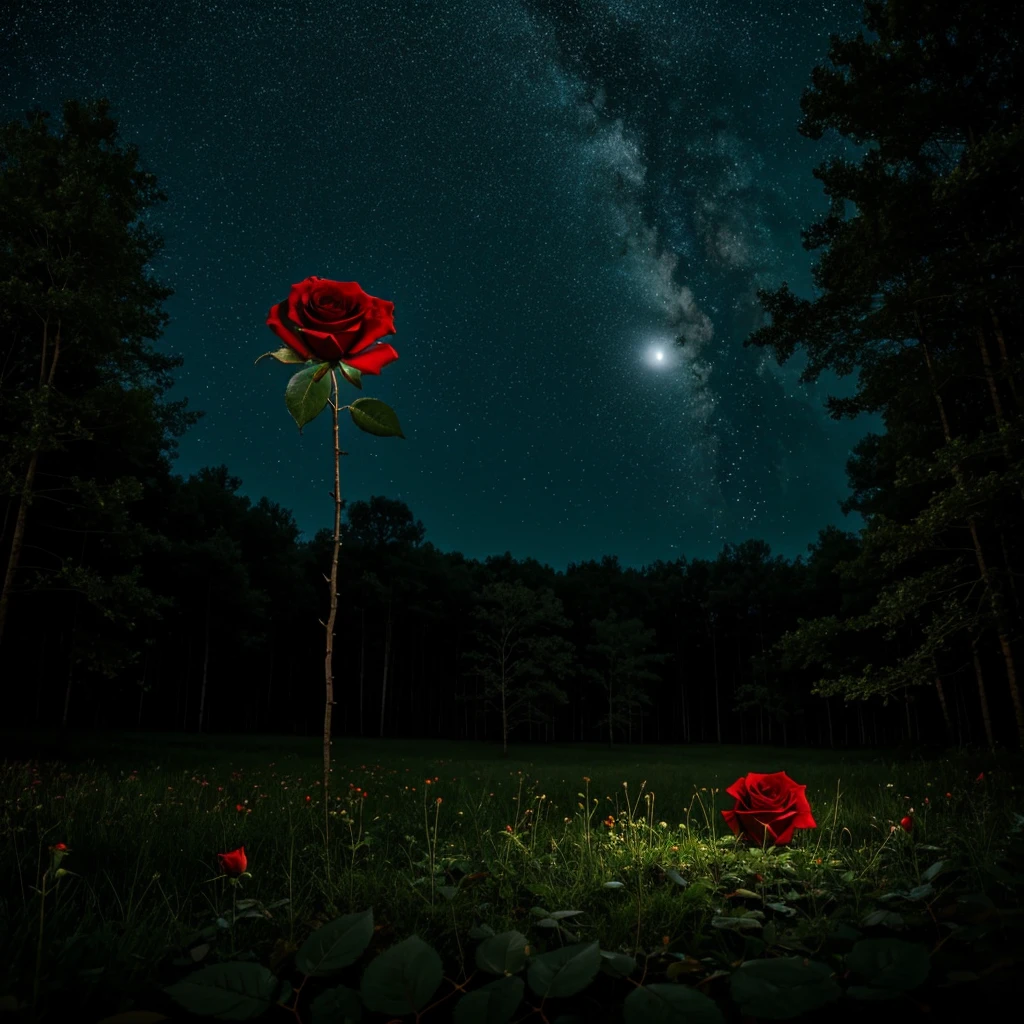 A solitary red rose in a forest at night with the full moon and starry sky and an illuminated white butterfly landing on the red rose. A single rose and around the green grass. 