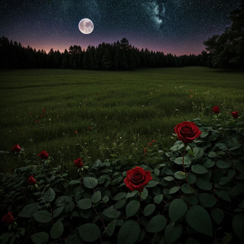 A solitary red rose in a forest at night with the full moon and starry sky and an illuminated white butterfly landing on the red rose. A single rose and around the green grass.
