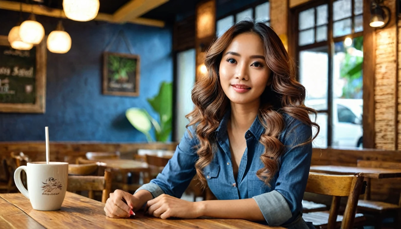 Create an image of a beautiful woman with long, wavy hair, wearing a stylish dress, as she enters a cozy, brightly lit cafe. Adul, an Indonesian man with a shaved head, slightly brownish skin, 30 years old, wearing a blue shirt and jeans, was sitting at the table. He looked up, mesmerized, watching her from a distance. This cafe has a rustic charm with wooden tables, dim lights and a friendly atmosphere. Take a picture from the side and you can see Adul is on the table next to the woman. take pictures from a distance(8K, realistic, hyper focus, hyper detail, wide view)