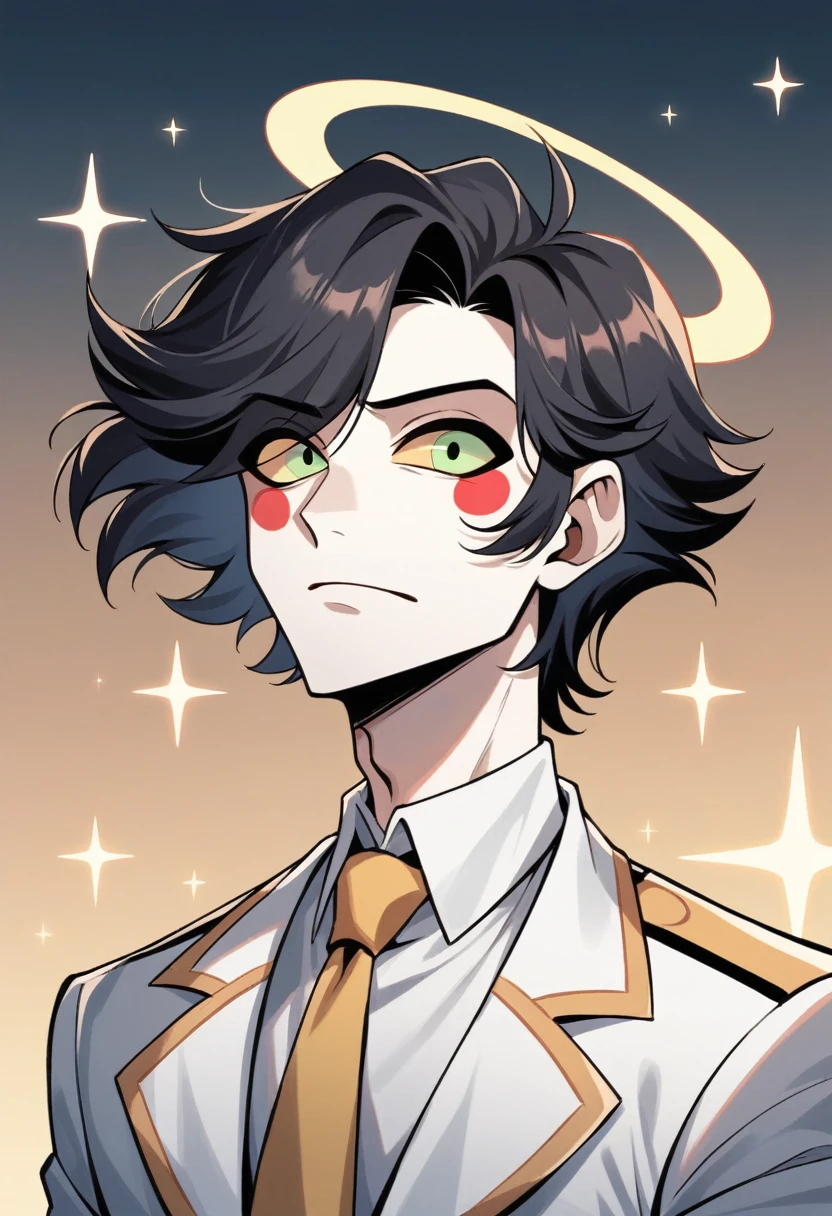 (masterpiece), best quality, expressive eyes, perfect face ,male focus, 1boy, solo, black hair, medium hair, clean hair, tall, angel, heavenly host, Soldier, halo, green eyes, long sleeves, white suit, golden tie, golden shoulders, hazbin hotel
