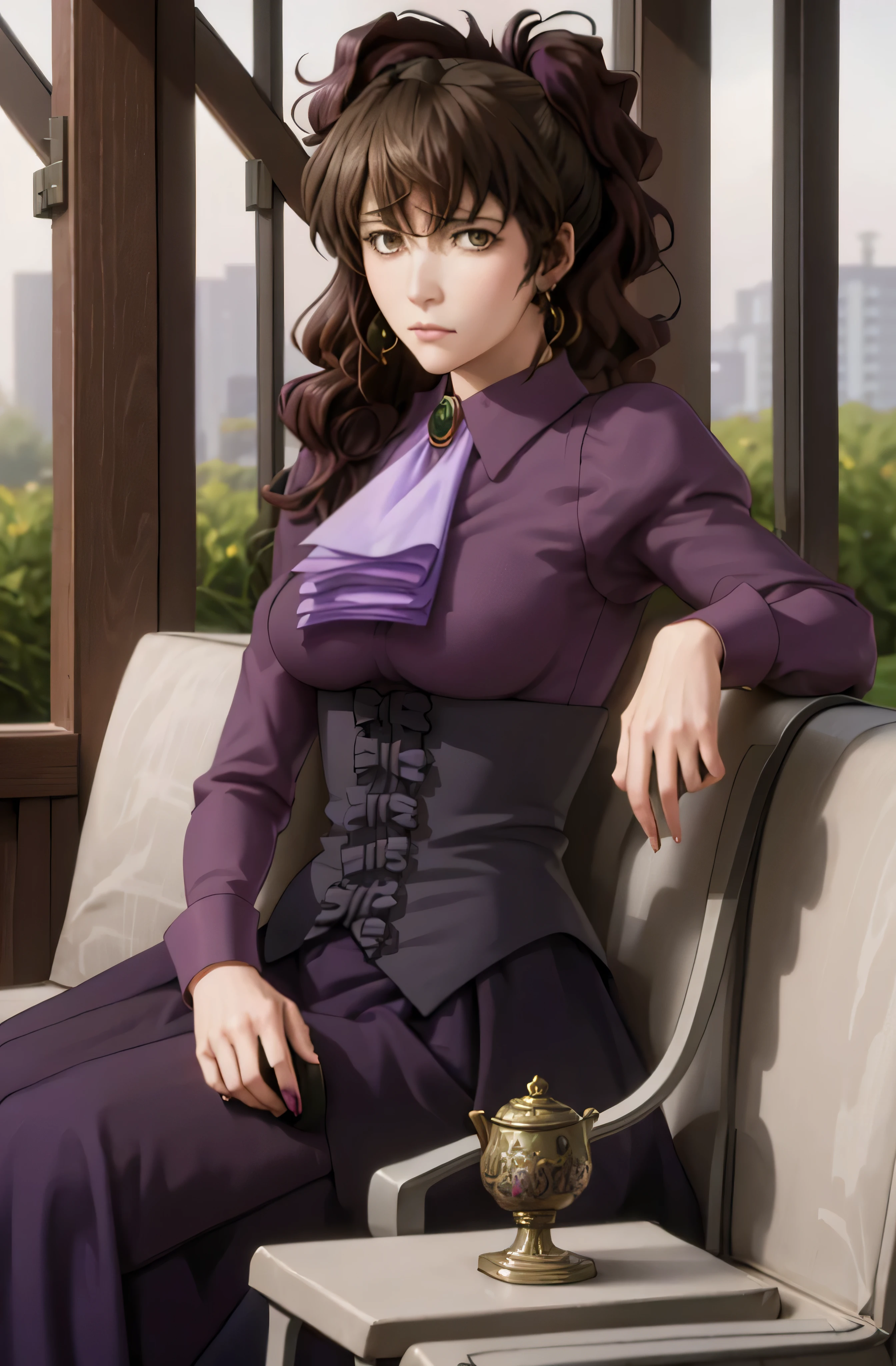 ushiromiya natsuhi, 1girl, violet dress, long dress, side ponytail, earrings, purple shirt, ascot, brooch, corset, seen from afar, serious face, sitting on a bench inside a gazebo, looking at viewer, garden full of roses around, holding a cup of tea, masterpiece, best quality, realistic, hdr