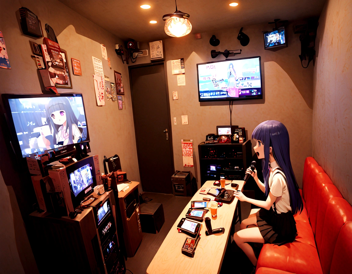 One Girl, (furude rika), Blue Hair, Purple eyes, Long Hair, blunt bangs, bangs, White shirt, Pink ribbon, suspenders, Black Skirt, sing, holding microphone, karaoke, karaokeroom, scenery, table, door, indoors, sofa, tv set,Joypad, microphone, denmoku ,AT-CLM7000TX, WM-610, microphone