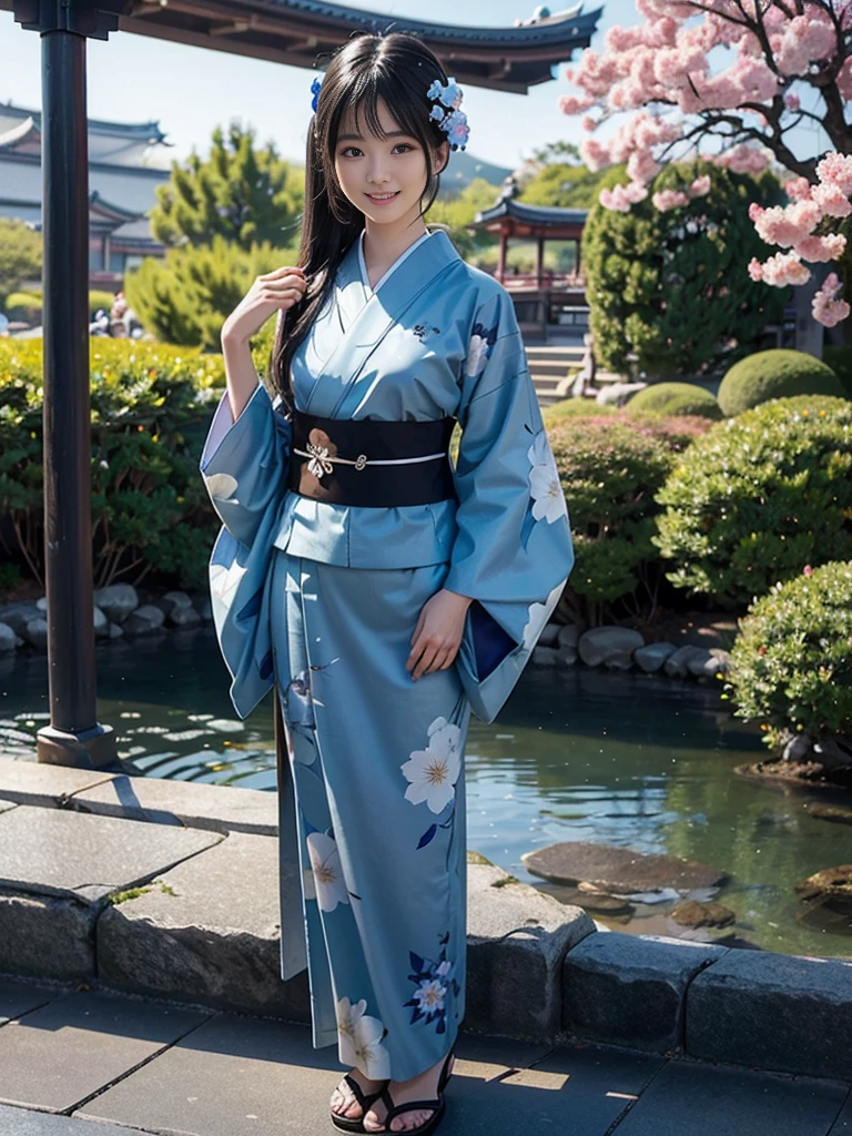 (Ultra-realistic), (Best illustrations), (Increase the resolution), (8K), (masterpiece), (wallpaper), alone, 1 Girl, Looking at the audience, Black straight hair, Slender body, Smile, Yukata with blue floral pattern, Japanese garden